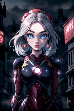 Persephone, (1girl IRONMAN), perfect eyes, hair, perfect body, lights reflective, glow, perfect face, in a city, gloomy, half body, fantasy, overcast, foggy, neon, very detailed, 8k, completed, centered