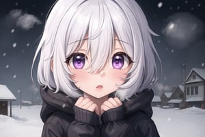1 girl, closed up on face,dark, heavy snowing, vapor from mouth, silver hair, purple eyes,hood on head,"small town background"(high quality:1.4),pose feeling cold,(tareme-eyes:1.3), 3:2 portrait,portrait quality,