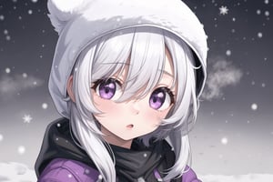 1 girl, closed up on face,dark, (heavy snowing:1.4), vapor from mouth, silver hair, purple eyes,hood on head,"small town background"(high quality:1.4),pose feeling cold,(tareme-eyes:1.3), 3:2 portrait,portrait quality,kawaii,