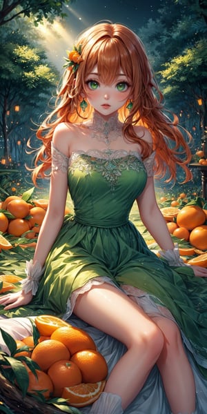 1girl, a girl sitting on a pile of oranges,pose sitting on oranges , orange hair long, emerald green eyes,night_dress white,babydoll,bare shoulders, trees in the background, vivid colors, high quality, best quality, perfect light, dynamic,(pile of oranges:1.0),BrgEy