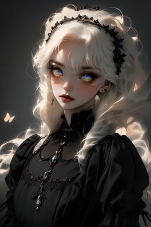 beautiful, (very precise detailed), High resolution, highest image quality, (brilliant), ((dynamic angle)), Colored pencil picture, (impressionism),
Gothic, 1girl, (solo), kawaii girl, cute,
Very long hair, twintails, (headdress), butterfly motif hair ornament, Pale skin, (blond), blue eyes, big eyes, ((slanted eyes)), ((empty eyes)), ((Bags under eyes)), (((long eyelashes))), thick eyeliner, (dark eyeshadow), delicate body, long sleeves, puffy sleeves, ((long skirt)), Snowy scenery, abandoned hospital, ,dekiAI, Gothic&L_fashion,1girl