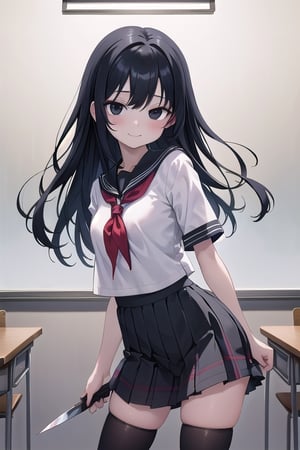  "Yandere girl, black hair, black eyes, Japanese schoolgirl outfit" in the style of Artgerm:

"Portrait of a yandere Japanese schoolgirl, long black hair flowing behind her, intense black eyes with an unsettling gleam, pale smooth skin, dressed in a black & red tartan sailor fuku with thigh-high socks and Mary Jane shoes, holding a bloodied kitchen knife behind her back with a shy smile, set in a darkly lit empty classroom after hours, intricate linework and painterly blending, colorful, atmospheric, elegant, highly detailed, digital painting in the style of Artgerm" 

,edgGesugao,yandere trance
