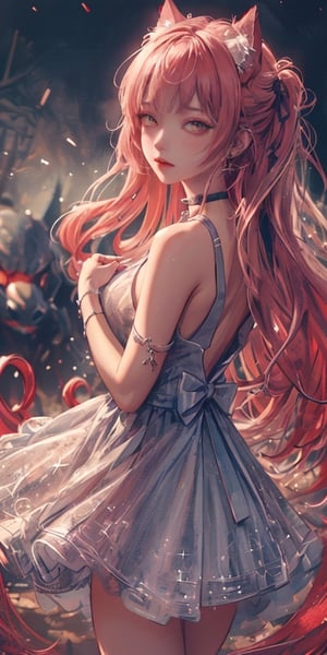 (Best quality:1.5),(high_resolution:1.6), Wide drawing of a girl with redhead hair, gazing forward, amidst a scene of a vast desert with oases that sparkle under the stars, girl as the central focus, She should have long, light red-haired  hair and wear a tank top and  yellow dress , Additionally, she should be wearing a choker as an accessory, The background should complement the character's beauty and style, (Schizowave), , perhaps with a serene and dreamy landscape, soft pastel colors, and subtle lighting to enhance the overall aesthetic,looking at viewer ,(16k),