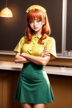 1girl, yellow waitress dress, red hair, green eyes,long hair, 1960s (style), crossed arms,looking_at_the_viewer,realhands,Color Booster