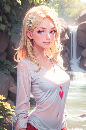 Radiant blonde beauty fills frame with bright smile, golden locks flowing like sun-kissed waterfall down back. Loose strands frame heart-shaped face, bangs graze forehead. Flower ornament adorns tresses matching eye hue. Soft focus, warm lighting on toned physique in revealing shirt as confident figure stands full-body.
