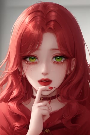 Woman 24 years, redhead,dress with sleeves  ,red lipstick,(eyes green), beauty face, eyeshadow
 ,high quality, best quality ,crying,mascaraTears,CryingBlood,Detailedface, pastel colors 