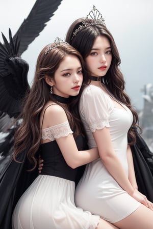A stunning yuri scene! Two girls sit on a simple white background, their long hair flowing down their backs. One girl gazes directly at the viewer with a bright smile, her brown eyes sparkling. Her black hair is parted to reveal a forehead adorned with a tiara, while her red lips shine like rubies. The other girl's raven tresses frame her heart-shaped face, her pointy ears and choker adding an air of mystique. They both wear white dresses with puffy short sleeves, their elbows adorned with black gloves that match the color of their dresses. A black cape flows behind them like a dark cloud, creating a striking contrast with the snowy backdrop. Makeup accentuates their features, with their eyes visible through their hair as they pose confidently together.