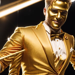 color realistic photo of ant in golden suit and bowtie
