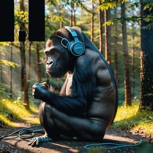 High definition quality of a Baby gorilla in a lonely Forest listening to music on headphones and feeling relaxed with goosebumps 