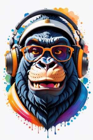 Leonardo Style, illustration, coloring graphic logo illustration of a smiling gorilla with glasses and headphones, looking at viewer, portrait, vector art, abstract watercolour design, intricate detail, bright color, solid white background, made with adobe illustrator, in the style of Studio Gibli, nature, oni style, 3d style
