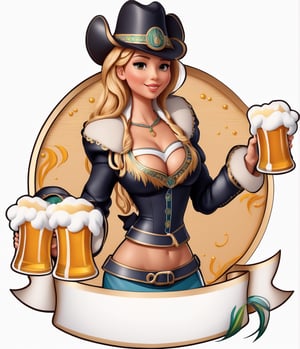 coloring graphic logo illustration of а girl is carrying beer, vector, intricate detail, bright color, solid white background, made with adobe illustrator, in the style of Studio Gibli, 3d style, 3d, 3d render