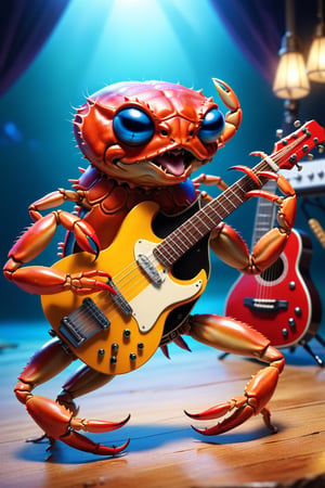 a crab playing a guitar, best quality, masterpiece, highres, extremely detailed, sharp focus, cinematic lighting, vibrant colors