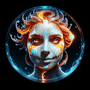 hyper detailed masterpiece, dynamic, awesome quality, expressive eyes, floating fiery water, DonMW15pXL, light smile, (clear edge lines), (dynamic angle), female, (looking at viewer), (bioluminescent), (glowing), (linquivera), liiv1, (circle icon), (content in the circle icon:1.3), (logo:1.3), (simple white background),