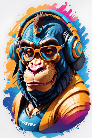 Leonardo Style, illustration, coloring graphic logo illustration of a smiling gorilla with cyberpunk glasses and headphones, cyberpunk, looking at viewer, portrait, vector art, abstract watercolour design, intricate detail, bright color, solid white background, made with adobe illustrator, in the style of Studio Gibli, nature, oni style, 3d style