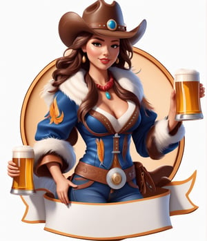 coloring graphic logo illustration of а cowboy girl is carrying beer, cowboy hat, feather boa, fur collar, vector, intricate detail, bright color, solid white background, made with adobe illustrator, in the style of Studio Gibli, 3d style, 3d, 3d render