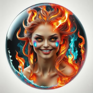 hyper detailed masterpiece, dynamic, awesome quality, expressive eyes, floating (fiery water), (fire:1.4), (water:1.4), (face from water:1.4), (hair from fire:1.4), (water skin:1.4), light smile, (clear edge lines), (dynamic angle), female, (looking at viewer), (bioluminescent), (glowing), (linquivera), (circle icon), (content in the circle icon:1.3), (logo:1.3), (simple white background), (sphere:1.4), (ball:1.3), S0ul0fsc1f1, 