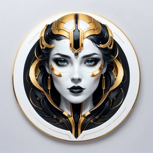 a portrait woman, dark influence, perfect symmetric eyes, by Rossdraws, Raphael, Louis Royo style, Dorian Vallejo style, gold and black, art Deco, Niji style, datanoshing, ink, Splash style, Abstract Art, abstract Tech, 3D, high definition, photo realistic, specified, cyberTech, (bioluminiscence:1.3), (circle icon), (content in the circle icon:1.3), (logo:1.3), (simple white background), 