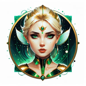 a portrait beutiful female (Tinker Bell), (fairy), dark influence, perfect symmetric eyes, by Rossdraws, Raphael, Louis Royo style, Dorian Vallejo style, gold and black and green, art Deco, Niji style, datanoshing, ink, Splash style, Abstract Art, abstract Tech, 3D, high definition, photo realistic, specified, cyberTech, (bioluminiscence:1.3), (circle icon), (content in the circle icon:1.3), (logo:1.3), (simple white background), 