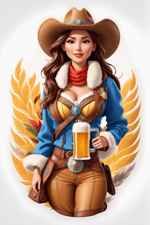coloring graphic logo illustration of а cowboy girl is carrying beer, cowboy hat, fur collar, german clothes, vector, intricate detail, bright color, solid white background, made with adobe illustrator, in the style of Studio Gibli, 3d style, 3d, 3d render