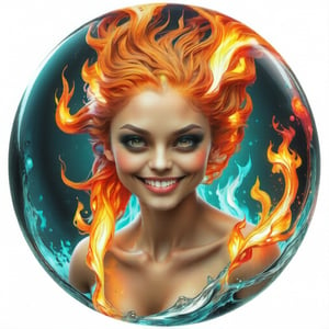 hyper detailed masterpiece, dynamic, awesome quality, expressive eyes, floating (fiery water), (fire:1.4), (water:1.4), (face from water:1.4), (hair from fire:1.4), (water skin:1.4), light smile, (clear edge lines), (dynamic angle), female, (looking at viewer), (bioluminescent), (glowing), (linquivera), (circle icon), (content in the circle icon:1.3), (logo:1.3), (simple white background), (sphere:1.4), (ball:1.3), 