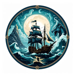 On a moonlit, mystical sea, Sinbad the Sailor navigates treacherous waters, (his ship surrounded by mythical creatures and awe-inspiring landscapes). (marine life:1.2), (sea monsters), atmospheric effects, epic, awe-inspiring scene, (circle icon), (content in the circle icon:1.3), (logo:1.3), (simple white background),