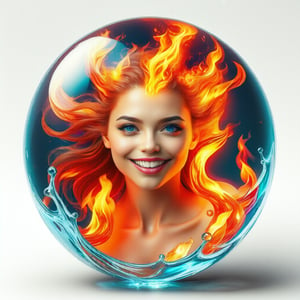 hyper detailed masterpiece, dynamic, awesome quality, expressive eyes, floating (fiery water), (fire:1.4), (water:1.4), (face from water:1.4), (hair from fire:1.4), (water skin:1.4), light smile, (clear edge lines), (dynamic angle), female, (looking at viewer), (bioluminescent), (glowing), (linquivera), (circle icon), (content in the circle icon:1.3), (logo:1.3), (simple white background), (sphere:1.4), (ball:1.3), 