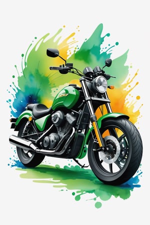 coloring graphic logo illustration of big motorbike, vector, abstract watercolour design, intricate detail, bright color, solid white background, made with adobe illustrator, in the style of Studio Gibli, nature, splashing, more green, 3d style