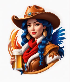coloring graphic logo illustration of а cowboy girl is carrying beer, cowboy hat, feather boa, fur collar, german clothes, vector, intricate detail, bright color, solid white background, made with adobe illustrator, in the style of Studio Gibli, 3d style, 3d, 3d render