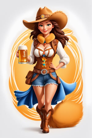 coloring graphic logo illustration of а cowboy girl is carrying beer, cowboy hat, fur collar, german clothes, ((text "Beer")), vector, intricate detail, bright color, solid white background, made with adobe illustrator, in the style of Studio Gibli, 3d style, 3d, 3d render,