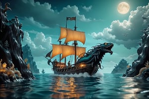 On a moonlit, mystical sea, Sinbad the Sailor navigates treacherous waters, (his ship surrounded by mythical creatures and awe-inspiring landscapes). (marine life:1.3), (sea monsters:1.3), atmospheric effects, epic, awe-inspiring scene, 