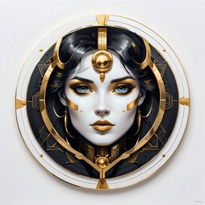 a portrait woman, dark influence, perfect symmetric eyes, by Rossdraws, Raphael, Louis Royo style, Dorian Vallejo style, gold and black, art Deco, Niji style, datanoshing, ink, Splash style, Abstract Art, abstract Tech, 3D, high definition, photo realistic, specified, cyberTech, (circle icon), (content in the circle icon:1.3), (logo:1.3), (simple white background), 