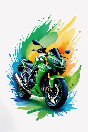 coloring graphic logo illustration of sport motorbike, vector, abstract watercolour design, intricate detail, bright color, solid white background, made with adobe illustrator, in the style of Studio Gibli, nature, splashing, more green, 3d style
