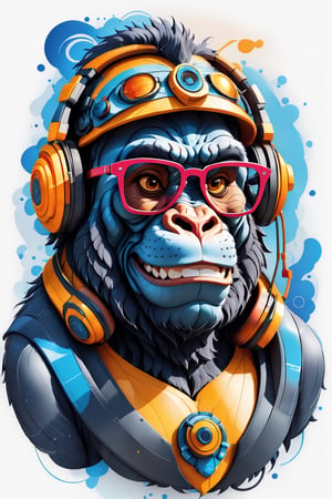 Leonardo Style, illustration, coloring graphic logo illustration of a smiling gorilla with glasses and headphones, cyberpunk, looking at viewer, portrait, vector art, abstract watercolour design, intricate detail, bright color, solid white background, made with adobe illustrator, in the style of Studio Gibli, nature, oni style, 3d style