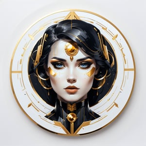 a portrait woman, dark influence, perfect symmetric eyes, by Rossdraws, Raphael, Louis Royo style, Dorian Vallejo style, gold and black, art Deco, Niji style, datanoshing, ink, Splash style, Abstract Art, abstract Tech, 3D, high definition, photo realistic, specified, cyberTech, (circle icon), (content in the circle icon:1.3), (logo:1.3), (simple white background), 