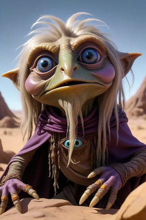 dark crystal style, Jim Henson, detailed expressive eyes, fantasy style, depicted is the gross logmephit, a curious being with psychic powers emenating from its noodleplinking orbshnodder, it likes to lay in ambush within the tranquil sassled oases that dot the colorful hizled deserts of the accursed planet rayboldwashere