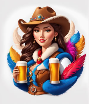 coloring graphic logo illustration of а cowboy girl is carrying beer, cowboy hat, feather boa, fur collar, german clothes, vector, intricate detail, bright color, solid white background, made with adobe illustrator, in the style of Studio Gibli, 3d style, 3d, 3d render