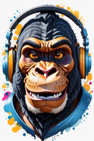 Leonardo Style, illustration, coloring graphic logo illustration of a smiling gorilla wearing headphones, looking at viewer, portrait, vector art, abstract watercolour design, intricate detail, bright color, solid white background, made with adobe illustrator, in the style of Studio Gibli, nature, oni style, 3d style