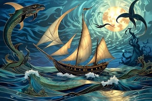 On a moonlit, mystical sea, Sinbad the Sailor navigates treacherous waters, (his ship surrounded by mythical creatures and awe-inspiring landscapes). (marine life:1.3), (sea monsters:1.3), atmospheric effects, epic, awe-inspiring scene, 