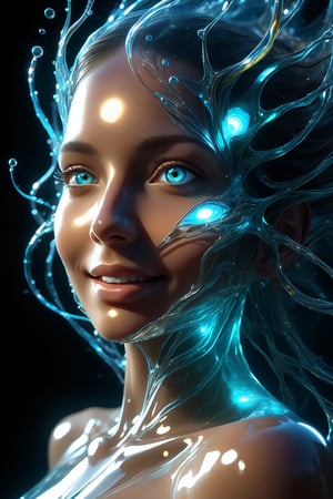 hyper detailed masterpiece, dynamic, awesome quality, expressive eyes, floating water, DonMW15pXL, light smile, (clear edge lines), (dynamic angle), female, (looking at viewer), (bioluminescent), (glowing), (linquivera),