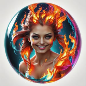 hyper detailed masterpiece, dynamic, awesome quality, expressive eyes, floating (fiery water), (fire:1.4), (water:1.4), (face from water:1.4), (hair from fire:1.4), (water skin:1.4), light smile, (clear edge lines), (dynamic angle), female, (looking at viewer), (bioluminescent), (glowing), (linquivera), (circle icon), (content in the circle icon:1.3), (logo:1.3), (simple white background), (sphere:1.4), (ball:1.3), S0ul0fsc1f1, 