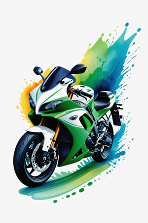 coloring graphic logo illustration of sport motorbike, vector, abstract watercolour design, intricate detail, bright color, solid white background, made with adobe illustrator, in the style of Studio Gibli, nature, splashing, more green, 3d style