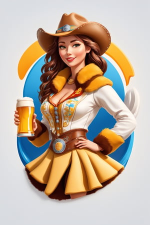 coloring graphic logo illustration of а cowboy girl is carrying beer, cowboy hat, fur collar, german clothes, text "Beer", vector, intricate detail, bright color, solid white background, made with adobe illustrator, in the style of Studio Gibli, 3d style, 3d, 3d render,3d style,3d,3d render