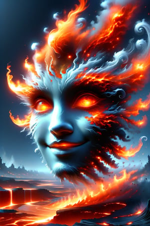 hyper detailed masterpiece, dynamic, awesome quality, expressive eyes, floating burning lava, DonMW15pXL, light smile, (clear edge lines), (dynamic angle), female, (looking at viewer), (bioluminescent), (glowing), (linquivera),