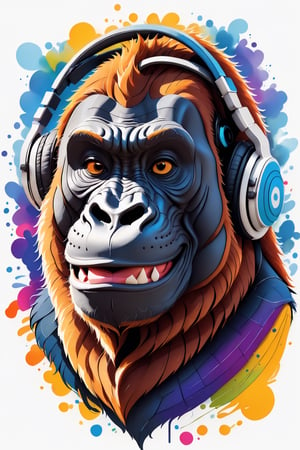 Leonardo Style, illustration, coloring graphic logo illustration of a smiling gorilla wearing headphones, looking at viewer, portrait, vector art, abstract watercolour design, intricate detail, bright color, solid white background, made with adobe illustrator, in the style of Studio Gibli, nature, oni style, 3d style