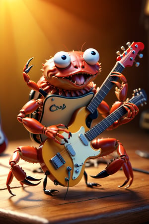 a crab playing a guitar, best quality, masterpiece, highres, extremely detailed, sharp focus, cinematic lighting, vibrant colors