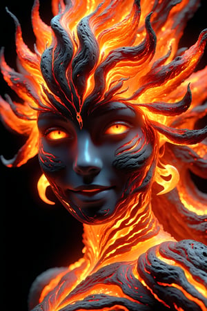 hyper detailed masterpiece, dynamic, awesome quality, expressive eyes, floating burning lava, DonMW15pXL, light smile, (clear edge lines), (dynamic angle), female, (looking at viewer), (bioluminescent), (glowing), (linquivera),