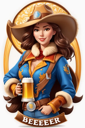 coloring graphic logo illustration of а cowboy girl is carrying beer, cowboy hat, fur collar, german clothes, (((text "Beer"))), vector, intricate detail, bright color, solid white background, made with adobe illustrator, in the style of Studio Gibli, 3d style, 3d, 3d render,3d style,3d