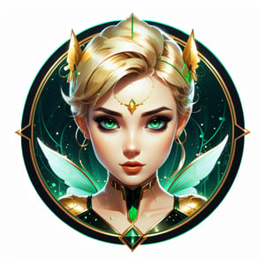 a portrait beutiful female (Tinker Bell), (fairy), dark influence, perfect symmetric eyes, by Rossdraws, Raphael, Louis Royo style, Dorian Vallejo style, gold and black and green, art Deco, Niji style, datanoshing, ink, Splash style, Abstract Art, abstract Tech, 3D, high definition, photo realistic, specified, cyberTech, (bioluminiscence:1.3), (circle icon), (content in the circle icon:1.3), (logo:1.3), (simple white background), 