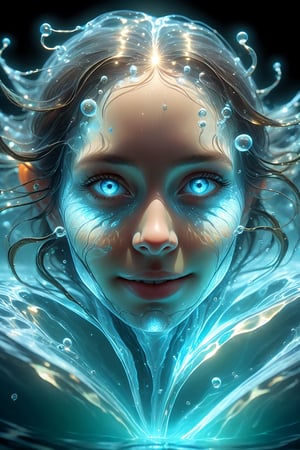 hyper detailed masterpiece, dynamic, awesome quality, expressive eyes, floating water, DonMW15pXL, light smile, (clear edge lines), (dynamic angle), female, (looking at viewer), (bioluminescent), (glowing), (linquivera),