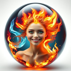 hyper detailed masterpiece, dynamic, awesome quality, expressive eyes, floating (fiery water), (fire:1.4), (water:1.4), (face from water:1.4), (hair from fire:1.4), light smile, (clear edge lines), (dynamic angle), female, (looking at viewer), (bioluminescent), (glowing), (linquivera), liiv1, (circle icon), (content in the circle icon:1.3), (logo:1.3), (simple white background), (sphere:1.4), (ball:1.3), 